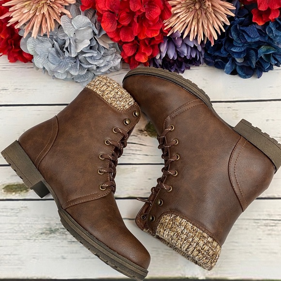 Brown Sweater Cuff Lace Up Ankle Boot - Picture 7 of 15